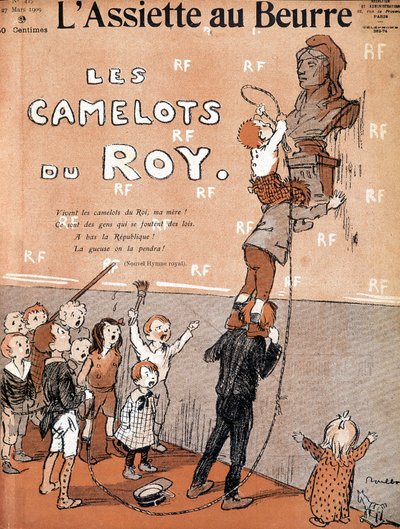Kinderen detroneren een buste van Marianne door een ironisch lied te zingen ten gunste van de Royalistische strijdgroep. Illustratie door Francisque Poulbot (1879-1946) In "het bord met boter", 27/03/1909. door Francisque Poulbot