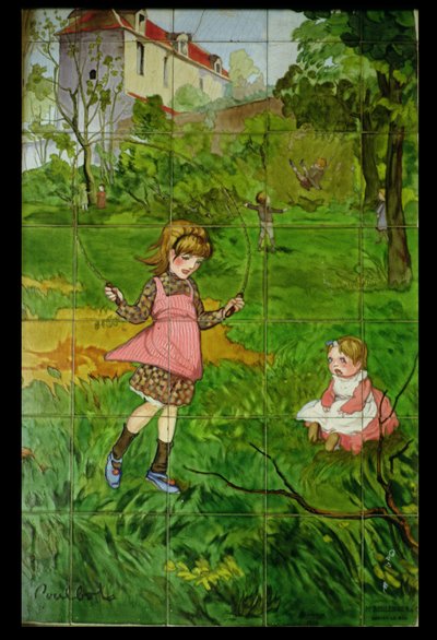Tegels versierd met spelende kinderen in een tuin door Francisque Poulbot