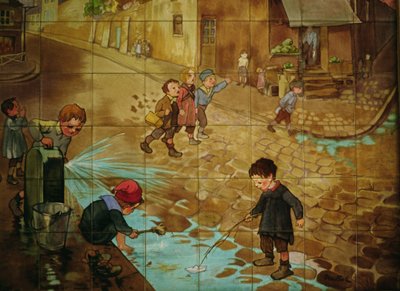 Tegels die kinderen spelend op straat afbeelden door Francisque Poulbot