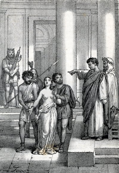 Agnes van Rome naakt door de straten naar een bordeel gebracht, tekening uit 