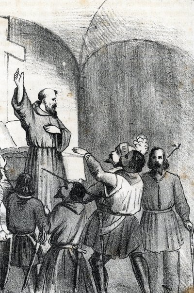Vierde Venetiaans-Ottomaanse Oorlog: de kerk roept op om moslims te verslaan aan de vooravond van de Slag bij Lepanto, zeeslag op 7 oktober 1571 in de Golf van Patras, Griekenland door Franco Mistrali
