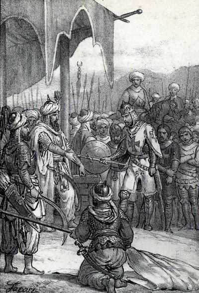 Zevende Kruistocht: koning Lodewijk IX werd gevangengenomen bij de Slag om Fariskur op 6 april 1250, tekening uit 