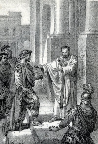 De aartsbisschop Sint Ambrosius van Milaan (Aurelius Ambrosius, Ambrogio di Milano (340-397) verbood de toegang tot de kerk aan de Romeinse keizer Theodosius I (Flavius Theodosius) (347-395) om hem te straffen voor het bloedbad van Thessalonica in 390 - Ex door Franco Mistrali