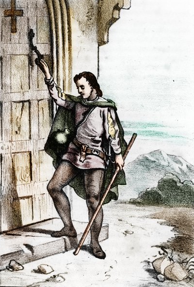 De jonge Jerome Savonarole (Girolamo Savonarola) (1452-1498) klopt aan de deur van het Dominicaanse klooster van Santo Domenico in Bologna in 1475 door Franco Mistrali