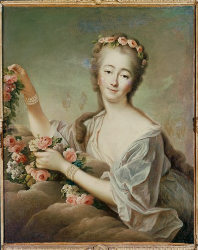 Madame Du Barry, maîtresse van Louis XVe, als de Godin Flora ... (schilderij op doek) door Francois-Hubert Drouais