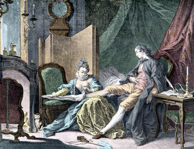 La Courtesan amoureuse: Vrouw die de onderkant van een man verwijdert - gravure door ap. Butcher door Francois (after) Boucher