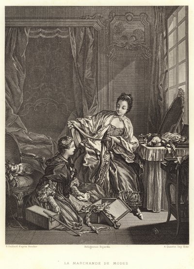 De modehandelaar (gravure) door Francois (after) Boucher