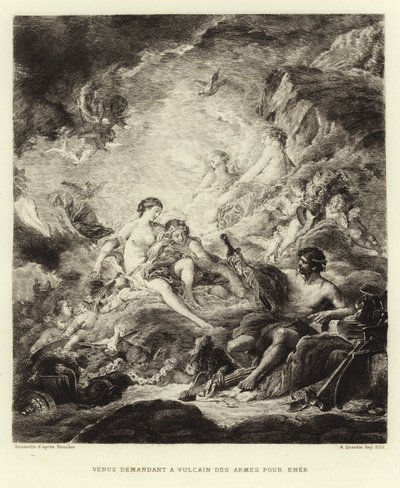 Venus vraagt Vulcanus om wapens voor Aeneas (gravure) door Francois (after) Boucher
