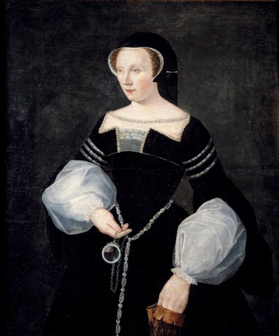 Portret van Diane de Poitiers, Dame van Breze, Hertogin van Valentinois (1499-1566) - in rouwkleding (in weduwekostuum) van haar echtgenoot Louis de Breze, die stierf in 1531 en een spiegel in zijn hand houdt rond 1550 door Francois (after) Clouet