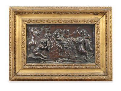 Rechthoekig Bronzen Reliëf van Bacchanalische Kinderen die met een Geit Spelen door Francois (after) Duquesnoy