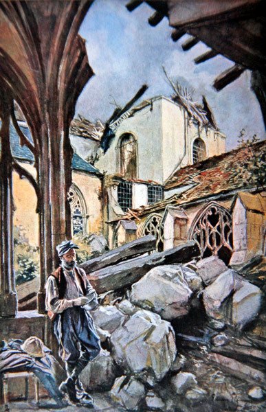 Slag om Verdun: Franse soldaat eet zijn rantsoen in een verwoest klooster van de kathedraal door Francois (after) Flameng