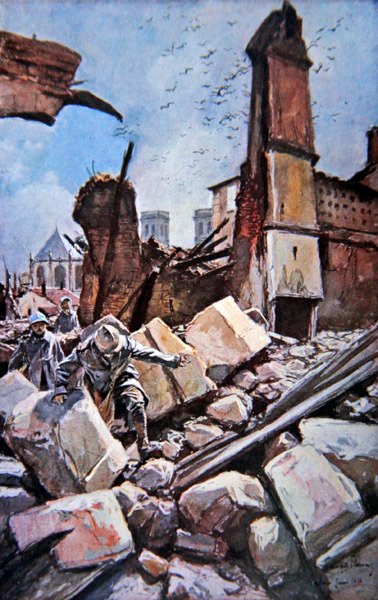 Slag om Verdun: Franse troepen bewegen zich tussen verwoeste vestingwerken door Francois (after) Flameng
