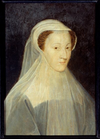 Portret van Marie Stuart (1542-1587), Koningin van Frankrijk en Koningin van Schotland in rouwkostuum. Schilderij van het atelier van Francois Clouet (1515-1572), circa 1560. Olieverf op hout. Afm: 0.37 x 0.26m. Parijs, Musee Carnavalet - Portret van Mary  door Francois (workshop of) Clouet