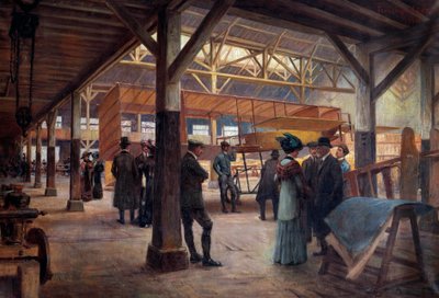 Werkplaats van de broers Gabriel en Charles Voisin (1880-1973 en 1882-1912), luchtvaartpioniers, in 1908 te Boulogne Billancourt door Francois Alaux