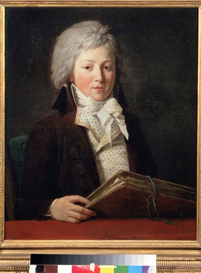 Portret van een jonge man met een map met tekeningen door François André Vincent