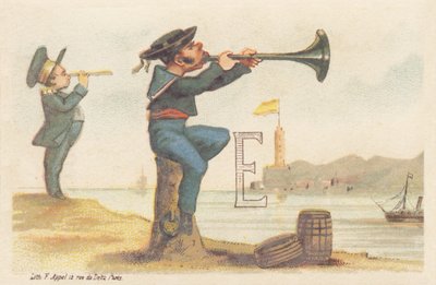 E (letter afgebeeld door een Bretonse zeeman zittend op een meerpaal en bombardement spelend) door Francois Antoine Appel