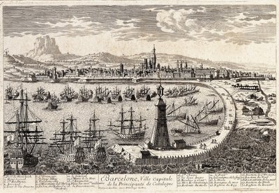 Uitzicht op de stad en de haven van Barcelona in de 18e eeuw. Gravure door Francois Antoine Aveline Barcelona, Museu d