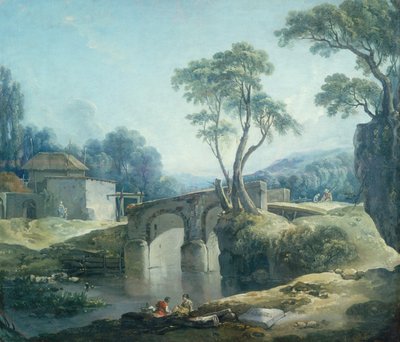 Een bebost landschap met een brug over een rivier door François Boucher
