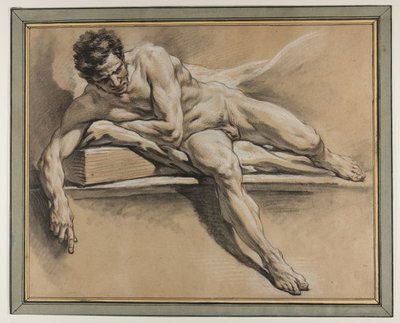 Academische studie van een liggend mannelijk naakt, ca. 1750 (zwart, rood en wit krijt op papier) door François Boucher
