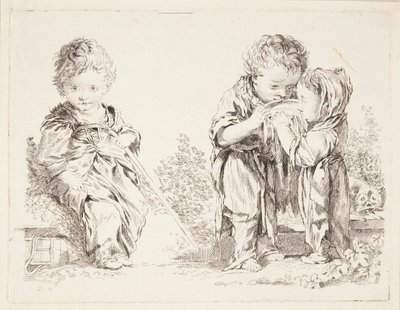 Kind zittend op een kluit aarde en De kleine melkdrinkers door François Boucher