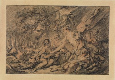 Diana rust uit in het bos met haar nimfen door François Boucher