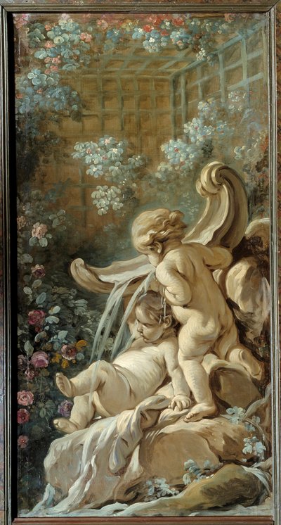 Deurpaneel van de woonkamer Demarteau: fontein met twee liefdes, waarvan één liggend door François Boucher