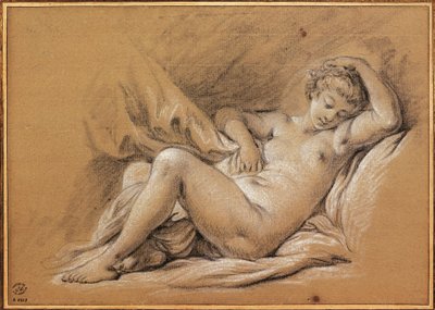 Frankrijk, Chinoiserieën, tekening van naakte vrouw op een bed (tekening) door François Boucher