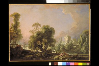 Idyllisch landschap met vissende vrouw door François Boucher