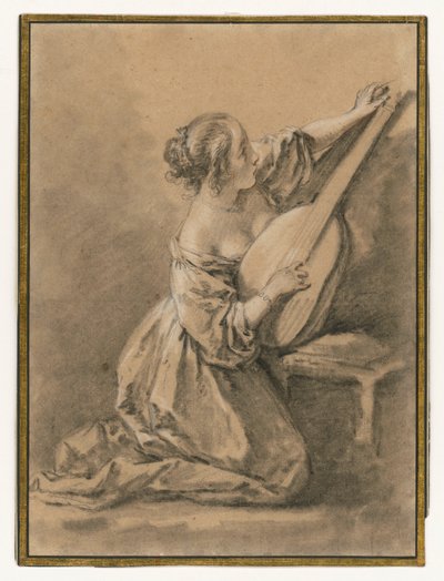 Een knielende jonge vrouw die een luit stemt door François Boucher