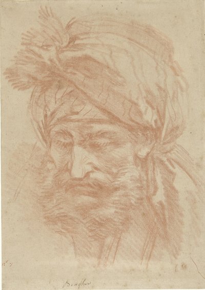 Kop van een gebaarde oosterling met tulband, van voren, naar beneden ziend door François Boucher