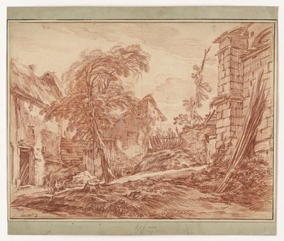 Landelijk landschap met een boerderij en ruïnes door François Boucher