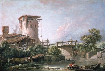 Landschap met toren en brug door François Boucher