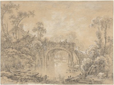 Landschap met een rustieke brug door François Boucher