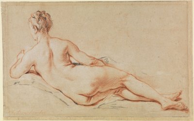 Liggend vrouwelijk naakt, gesteund op de linkerarm, gezien van achteren door François Boucher