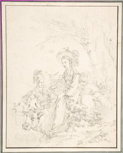 Boerenmeisje op een os, vergezeld door metgezellen door François Boucher