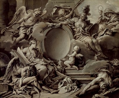 Ontwerp voor een cartouche: een allegorie van Minerva, Roem, Geschiedenis en Geloof die Onwetendheid en de Tijd overwinnen door François Boucher