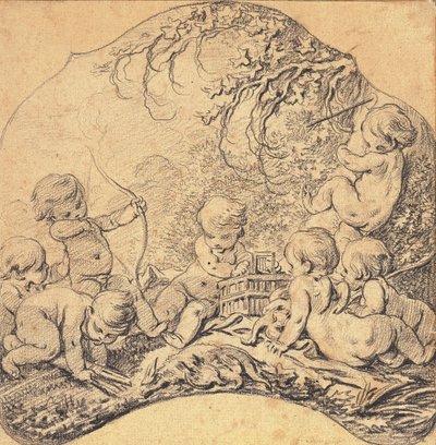 Putti in een landschap die pijlen schieten en een kooi openen, een jachttrofee op de voorgrond door François Boucher