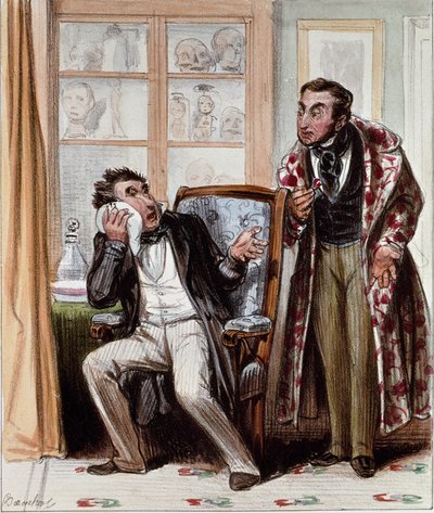 Tandarts. Cartoon van een patiënt met kiespijn die een tandarts raadpleegt. Gravure door Bouchot, circa 1830. Parijs, Musée Carnavalet. door Francois Bouchot