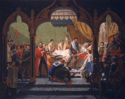 Hendrik IV (1553-1610) ontvangt de attributen van de monarchie van de stervende Hendrik III (1551-1589) 1814 door Francois Buffet