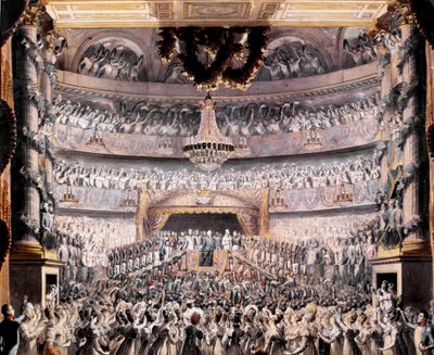 Lodewijk XVIII (1755-1824) woont het theater van Odeon bij op een feest gegeven door de Nationale Garde van Parijs in 1819 door Francois Buffet