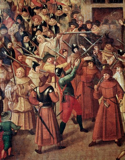 Franse Godsdienstoorlogen: gewapende processie van de Katholieke Liga van Frankrijk in de straten van Parijs door Francois Bunel