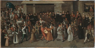 Processie van de Liga op het Île de la Cité, bij het verlaten van de Notre-Dame, ca. 1590 door Francois Bunel