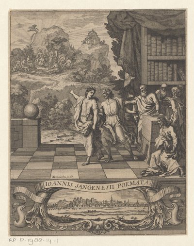 Allegorische vrouwenfiguur wijst jongeman op berg Parnassus door Francois Chauveau
