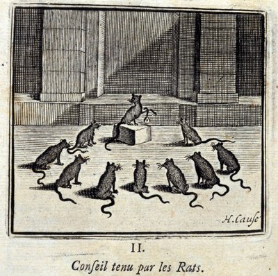 Raad gehouden door de Ratten. Fabels van Jean de La Fontaine. Illustratie door François Chauveau. Editie van 1728. door Francois Chauveau