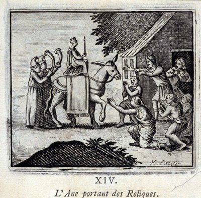 Ezel die relikwieën draagt. Fabels door Jean de La Fontaine (1621-95). Illustratie door François Chauveau (1613-1676). Editie van 1728. door Francois Chauveau