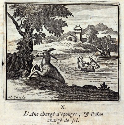 Ezel beladen met sponzen, en ezel beladen met zout. Fabels van Jean de La Fontaine. Illustratie door François Chauveau. Editie van 1728. door Francois Chauveau