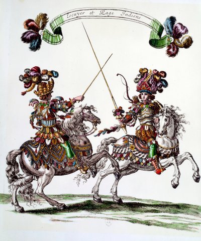 Indiase ruiter en page tijdens het carrousel gegeven door koning Lodewijk XIV in 1662 ter viering van de geboorte van de Dauphin door Francois Chauveau
