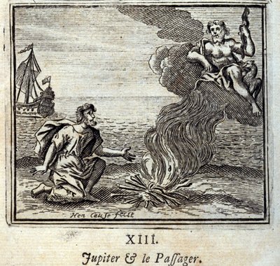 Jupiter en de Passagier. Fabels van Jean de La Fontaine. Illustratie door François Chauveau. Editie van 1728. door Francois Chauveau