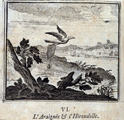 De spin en de zwaluw. Fabels door Jean de La Fontaine (1621-95). Illustratie door François Chauveau (1613-1676). Editie van 1728. door Francois Chauveau