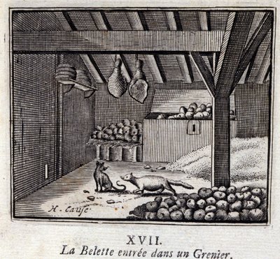 De wezel in de graanschuur. Fabels van Jean de La Fontaine. Illustratie door François Chauveau. Editie van 1728. door Francois Chauveau